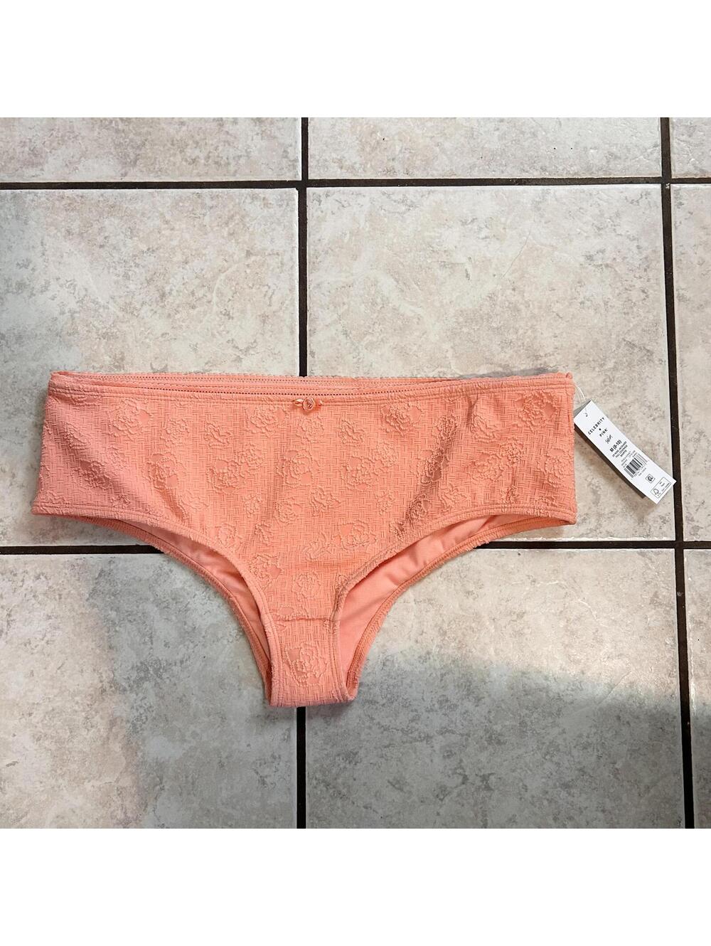Celebrity Pink Salmon Coral Floral Textured Bikini Bottom Women's Medium